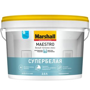 Краска для потолка Marshall Maestro Белый потолок Люкс глубокоматовая белая 2,5 л