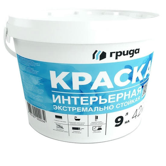 Краска интерьерная экстремально стойкая Грида матовая белая база А 9 л/12 кг