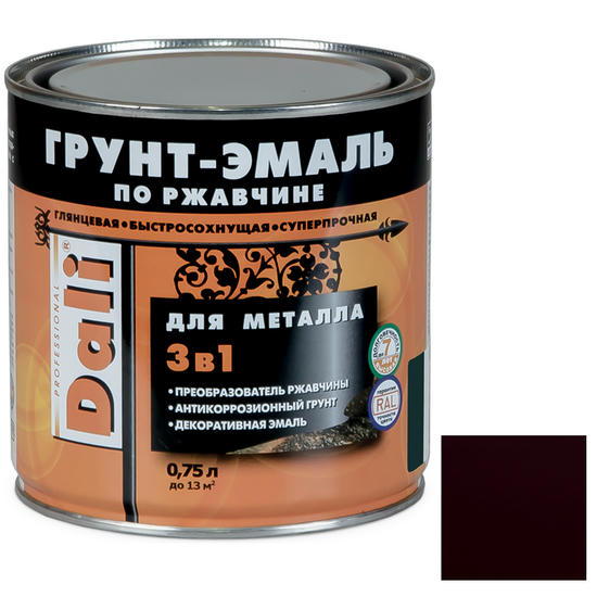 Грунт-эмаль по ржавчине Dali 3 в 1 гладкая винно-красная RAL 3005 0,75 л