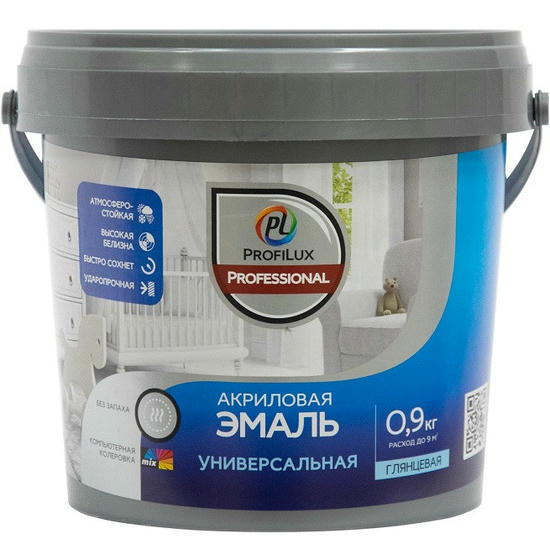 Эмаль акриловая универсальная Profilux Professional база 1 глянцевая белая 0,9 кг
