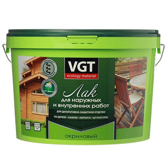 Лак акриловый для наружных и внутренних работ VGT глянцевый бесцветный 9 кг