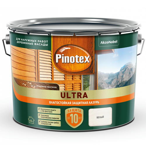 Пропитка декоративная для защиты древесины Pinotex Ultra AWB белая 9 л