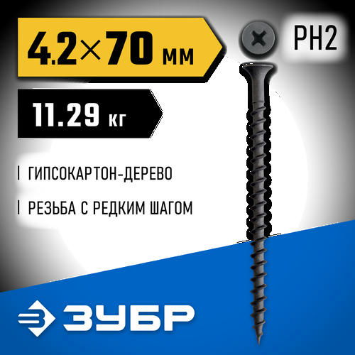 ЗУБР СГД 70 x 4.2 мм, саморез гипсокартон-дерево, фосфат., 11.29 кг