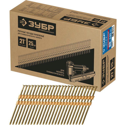 ЗУБР 2000 шт., 90 мм, 21°, оцинкованные, реечные гвозди рифленые РГР-21-Ц Профессионал
