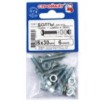 Болт М6х30 с гайкой и шайбой, DIN933, 6шт, цинк