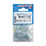 Болт М6х20 с гайкой и шайбой, DIN933, 8шт, цинк